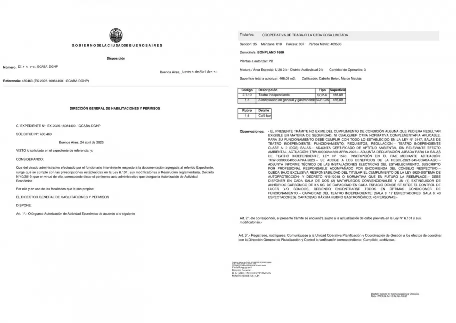 La autorizacin que tena el Movimiento Popular La Dignidad para funcionar en el predio de Bonpland 1660.