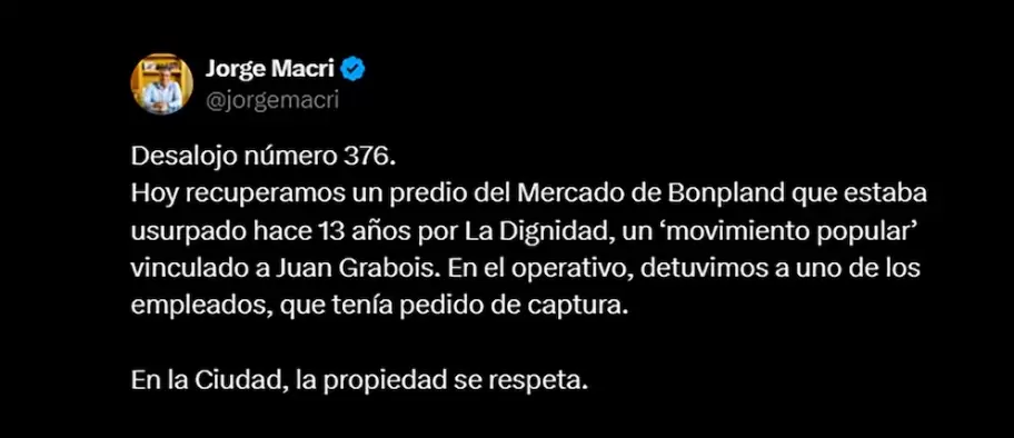 El tuit de Jorge Macri vinculando falsamente a Juan Grabois en el predio desalojado en Bonpland 1660.
