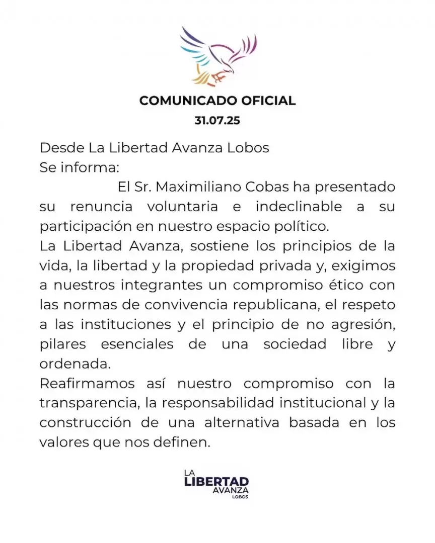 El comunicado de la Libertad Avanza tras la "renuncia" de Maximiliano Cobas