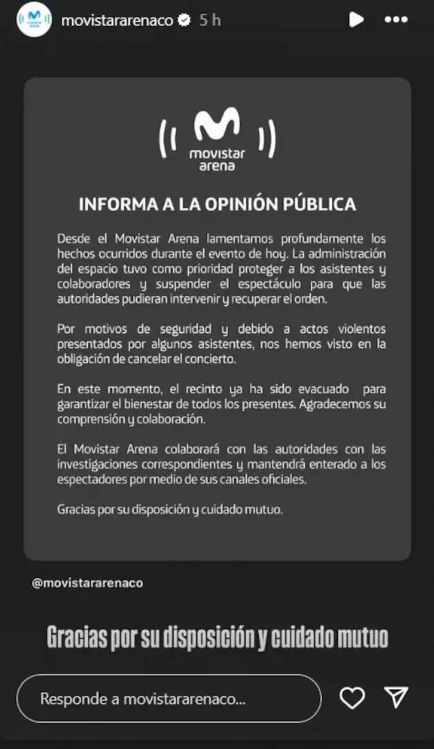 El comunicado del Movistar Arena