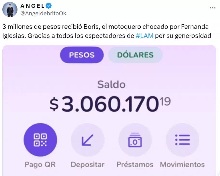 El tuit de De Brito que despert enojo entre sus seguidores por apoyar a un extorsionador.