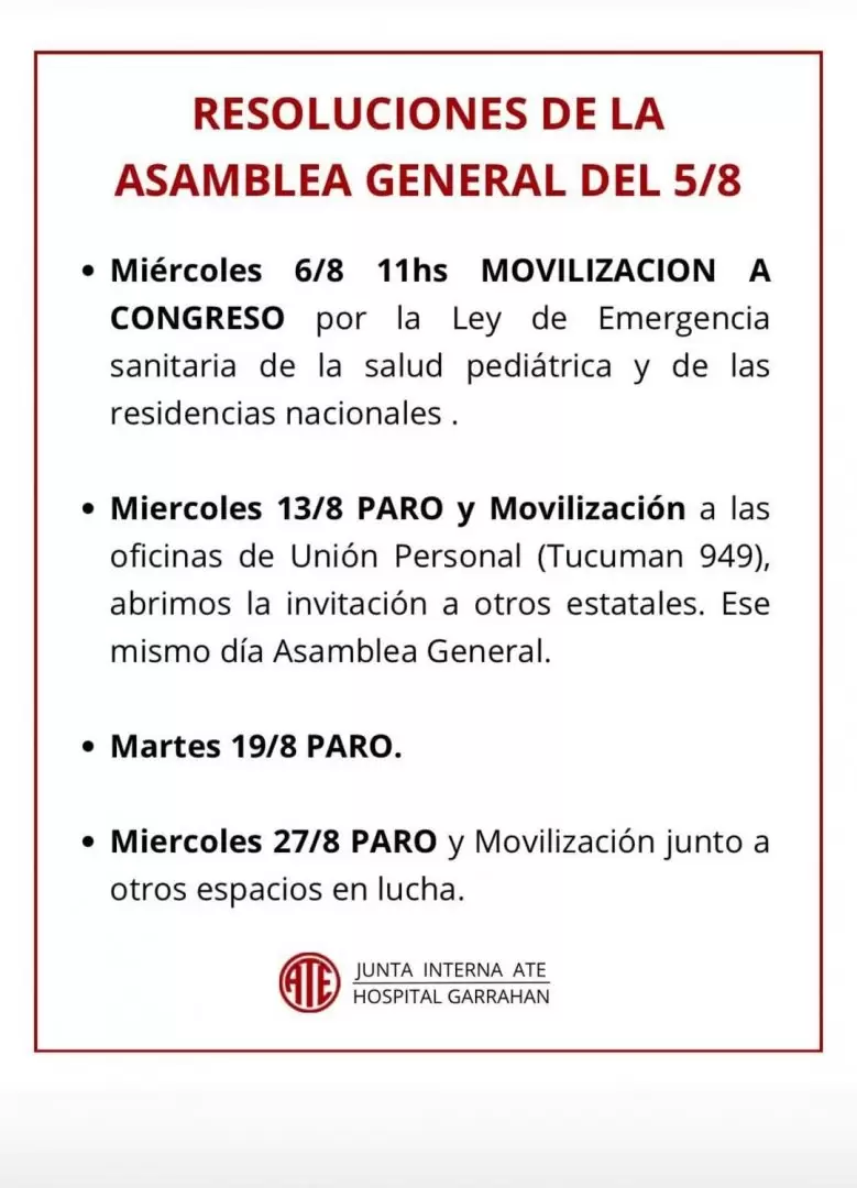 La Junta Interna de ATE del Garrahan convoca a la sociedad a acompaar las medidas