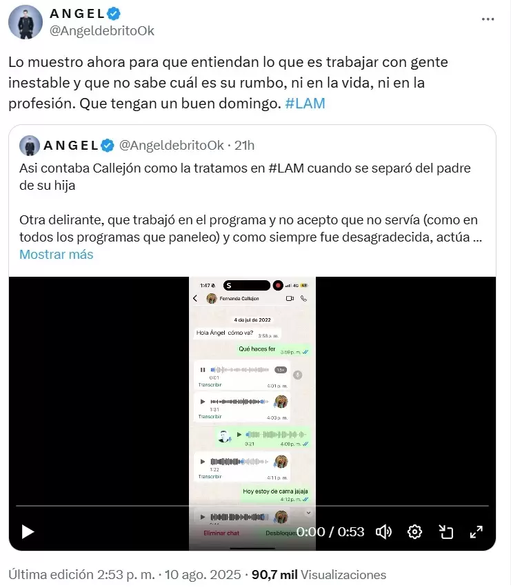 El posteo de ngel de Brito en el cual expuso audios de Mara Fernanda Callejn.