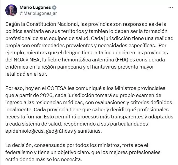 El posteo de Mario Lugones