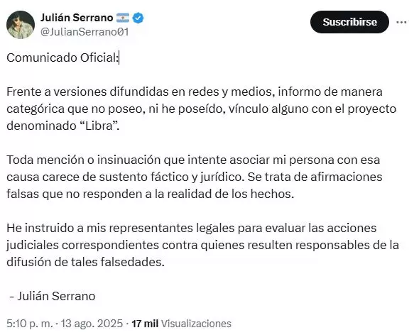 Julin Serrano desminti su participacin en el caso $Libra