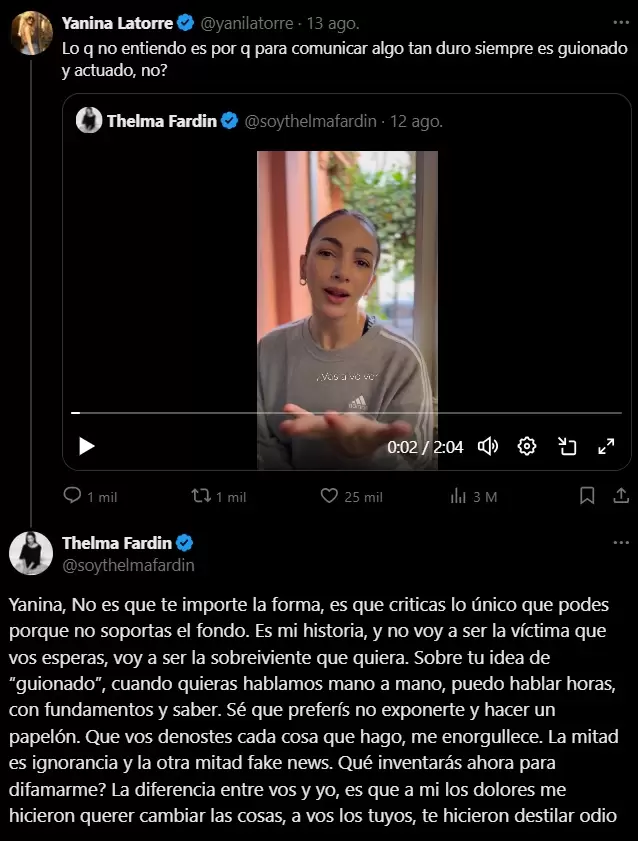 La respuesta de Thelma Fardn al tuit acusatorio de Yanina Latorre.