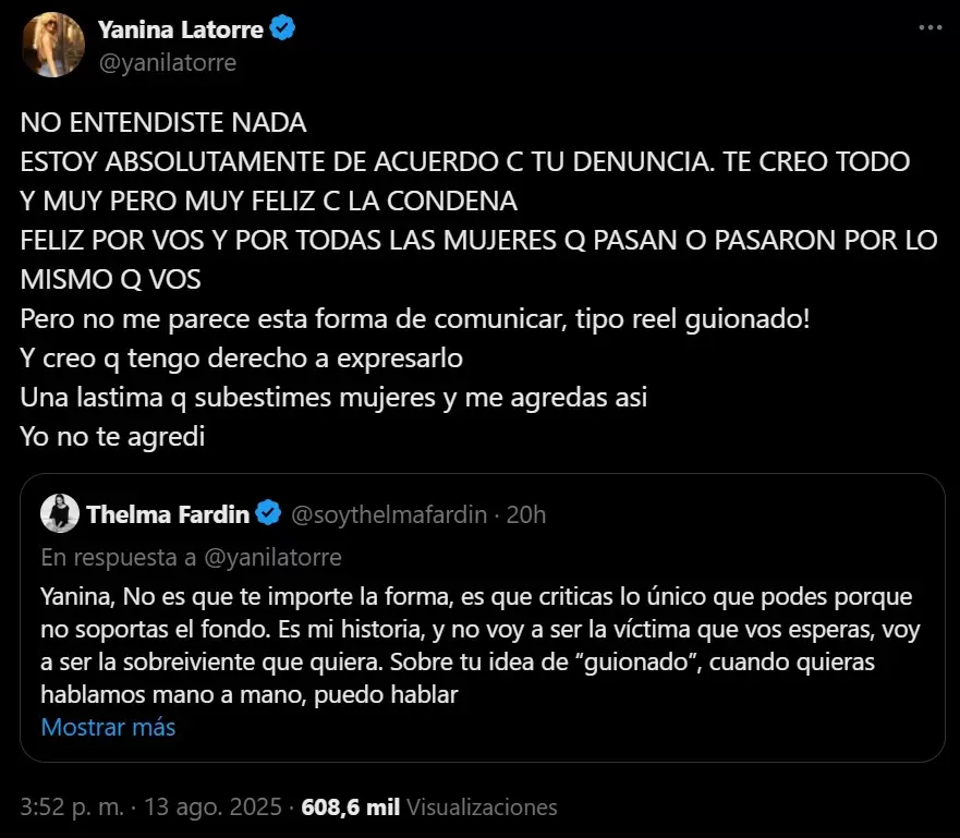 La respuesta de Yanina Latorre al tuit acusatorio de Thelma Fardn.