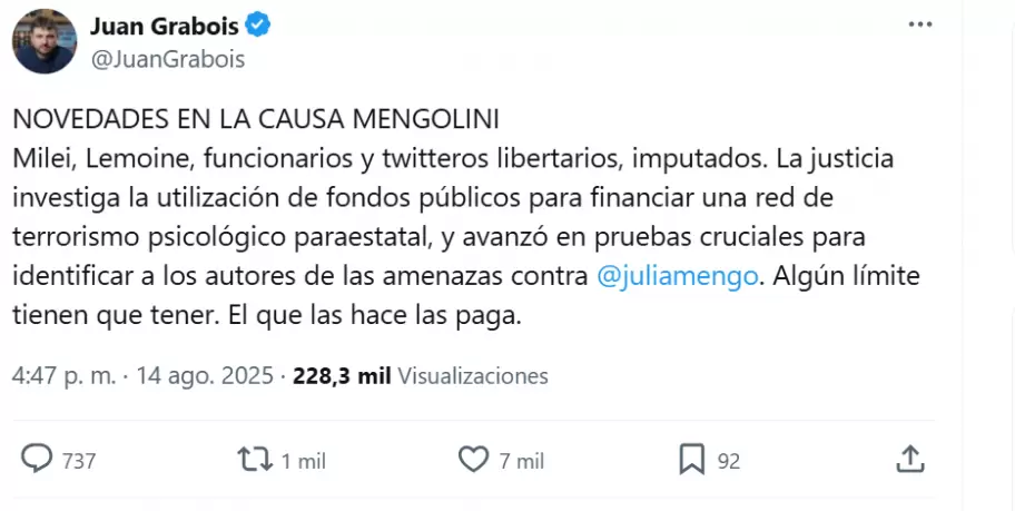 El posteo de Juan Grabois