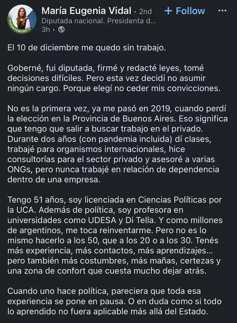 Mara Eugenia Vidal y su pedido de trabajo al sector privado para cuando abandone la funcin pblica.