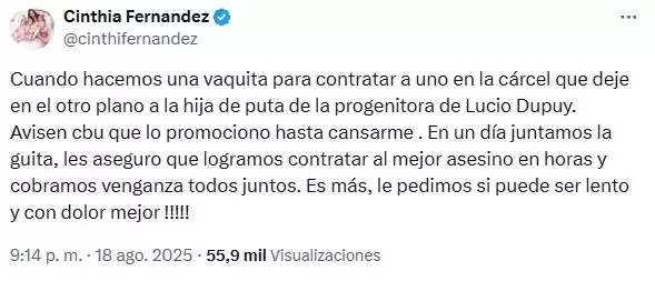 Cinthia Fernndez pidi venganza contra la madre de Lucio Dupuy: "