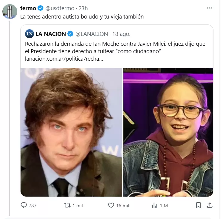 El tweet de Romo al que hace referencia Marlene