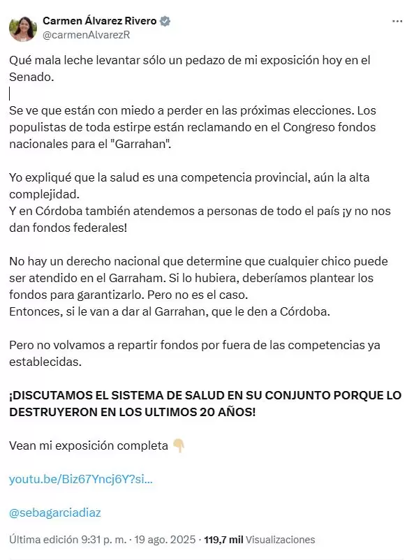 El descargo de la senadora del Frente Pro Libertad por Crdoba, Carmen lvarez Rivero