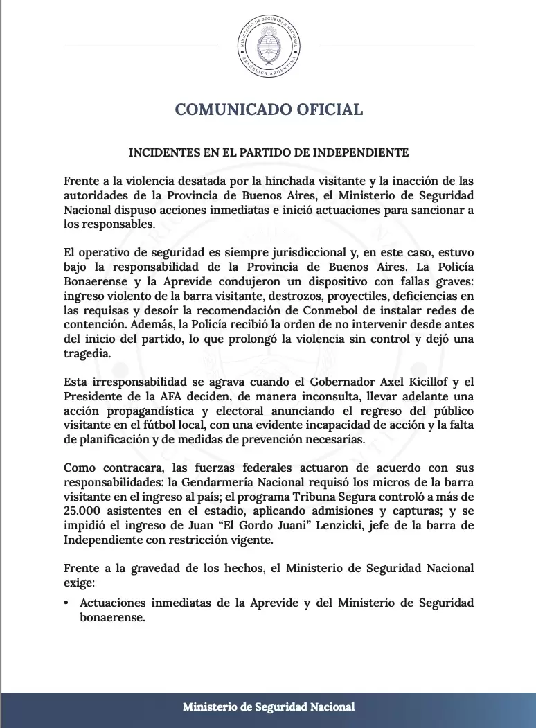 El comunicado del Ministerio de Seguridad de la Nacin
