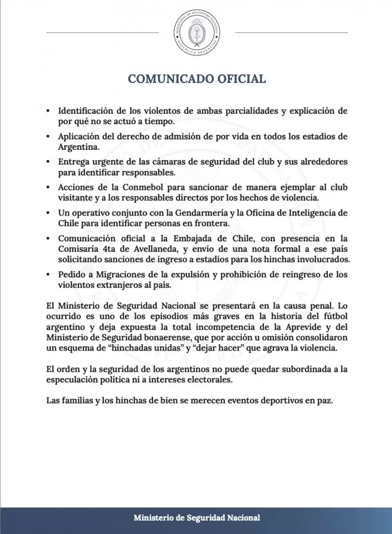 El comunicado del Ministerio de Seguridad de la Nacin
