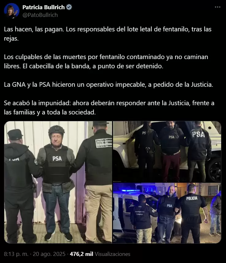 El tuit de Patricia Bullrich sobre las detenciones del fentanilo contaminado.