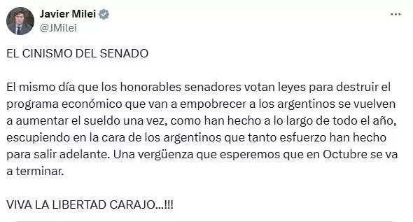 El repudio de Javier Milei al aumento salarial de los senadores