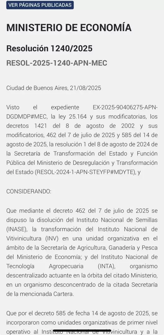 Caputo firmó dos resoluciones que pasan a disponibilidad a más de 400 técnicos y profesionales del INTA, el INASE y el INV