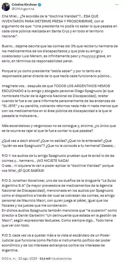 Cristina Kirchner apuntó contra Milei por el caso ANDIS