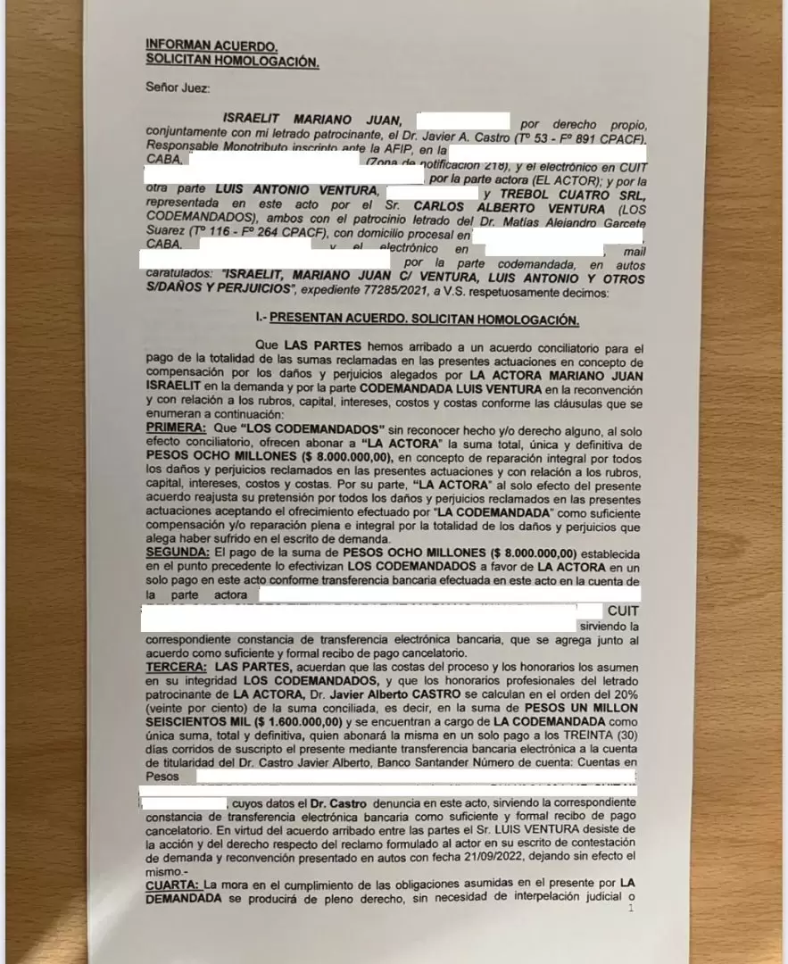 Ventura y Trebol Cuatro SRL (la productora) debieron abonar 8 millones de pesos en un solo pago
