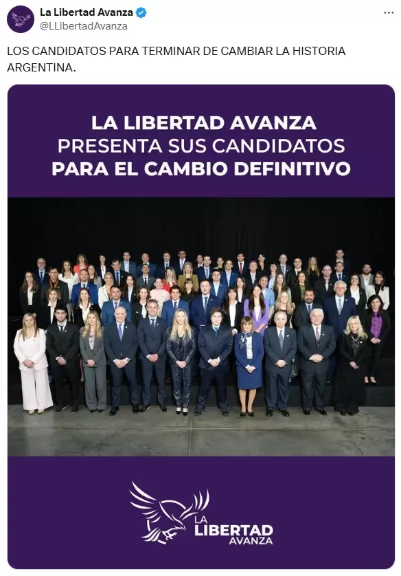El posteo de La Libertad Avanza de los candidatos violetas, con Karina Milei y Martn Menem a la diestra del presidente Javier Milei.