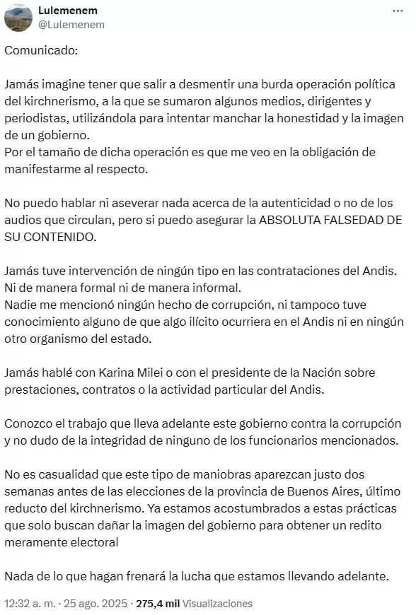 El posteo de Eduardo "Lule" Menem sobre el escndalo de corrupcin en la ANDIS.