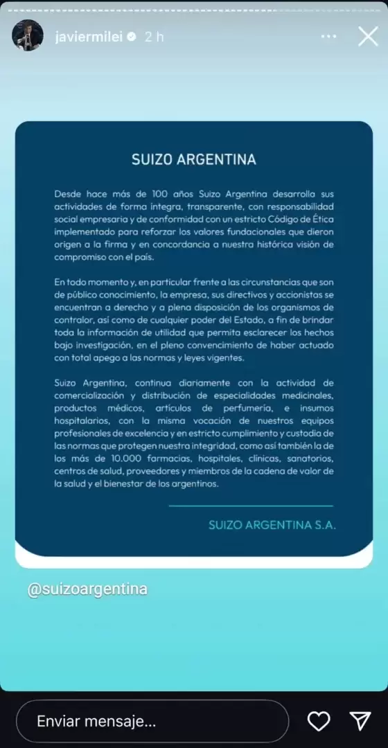 El comunicado que comparti Milei