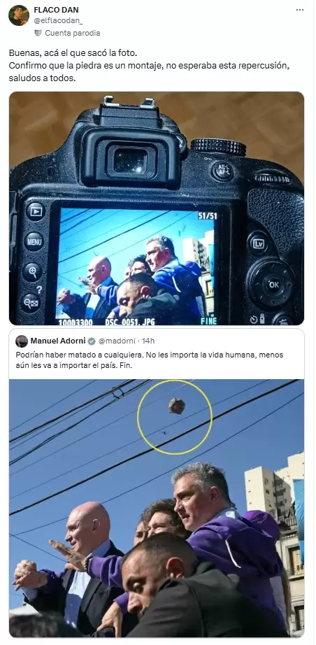 El autor de la foto del supuesto piedrazo mostr las pruebas: est editada.