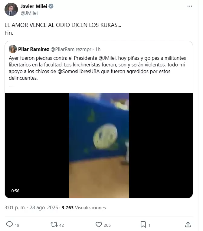 Milei reaccion rpidamente al episodio aunque se le olvid mencionar las provocaciones de los estudiantes vinculados a LLA