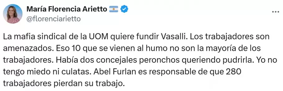 Florencia Arietto asegur que no la echaron los trabajadores de cosechadoras Vassalli sino "dos concejales peronchos".