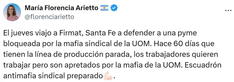 As avisaba Florencia Arietto de su ida a cosechadoras Vassalli.