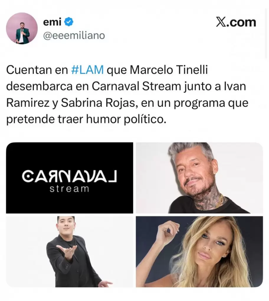 Tinelli se suma al canal de streaming Carnaval junto a Sabrina Rojas e Iván Ramírez