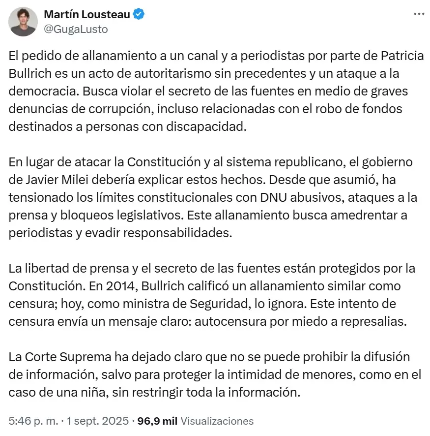 Martn Lousteau critic la persecucin a los periodistas que destaparon la olla de corrupcin en la Agencia Nacional de Discapacidad.
