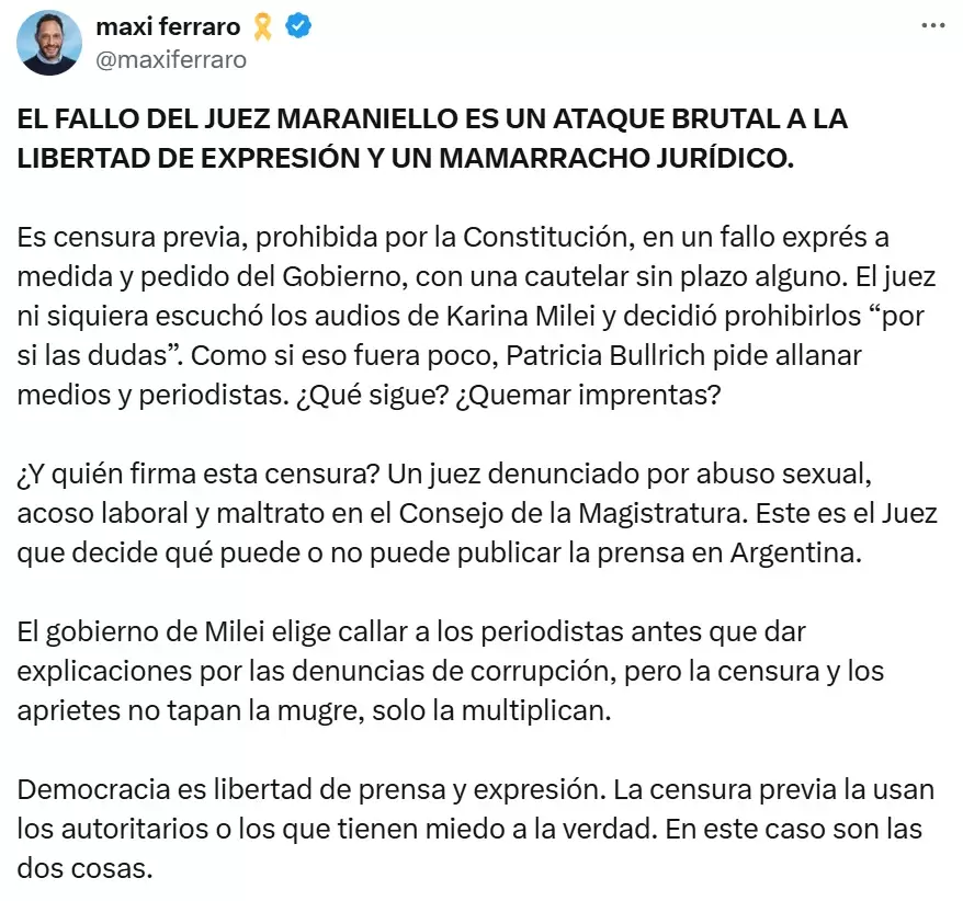 Maximiliano Ferraro rechaz la censura del gobierno libertario a periodistas.