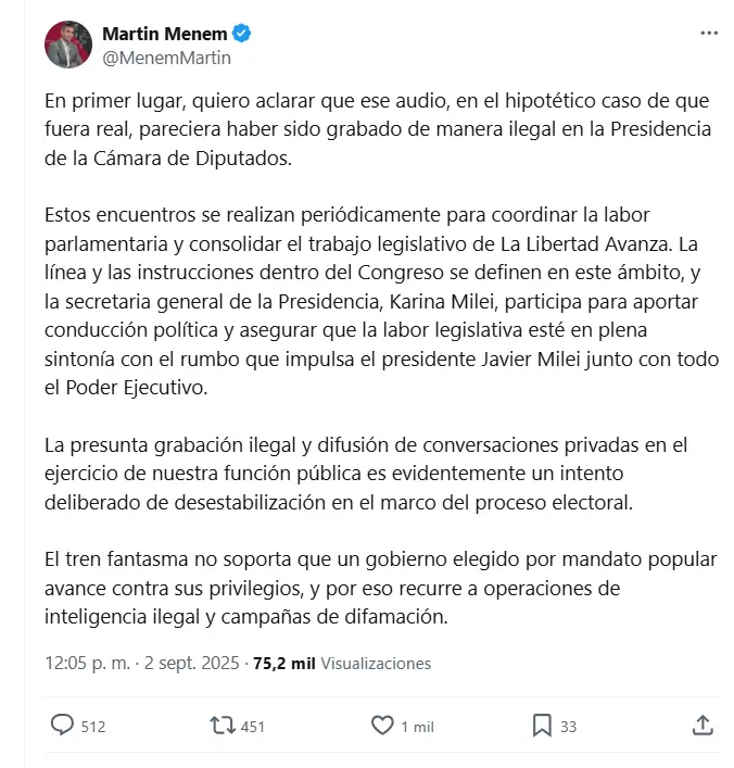 El incendiario posteo de Martn Menem