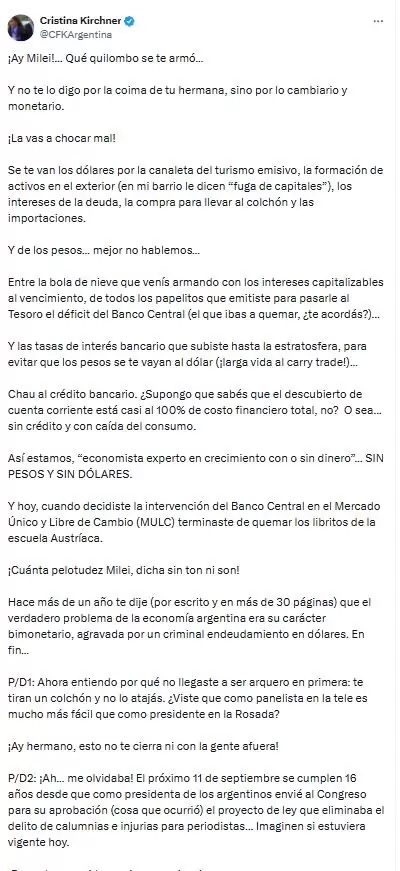 El contundente posteo de Cristina contra Milei