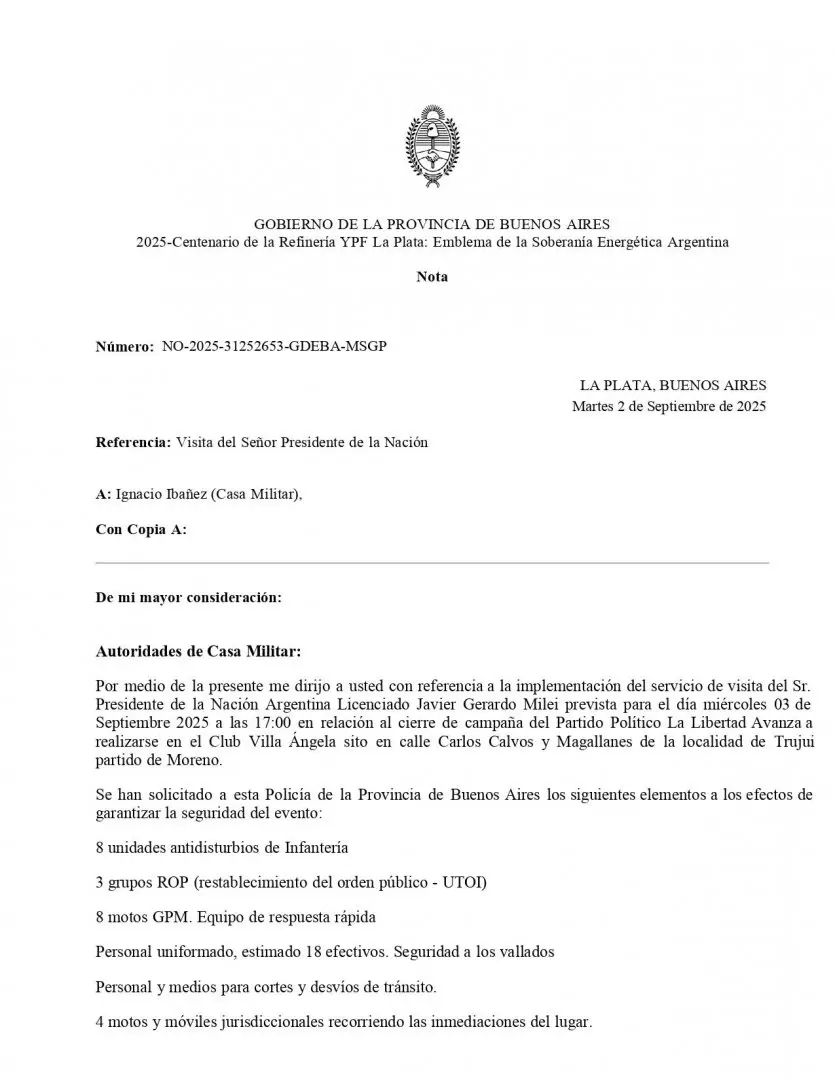 Carta enviada por el Ministro de seguridad de la PBA, Javier Alonso, a la Casa Militar.