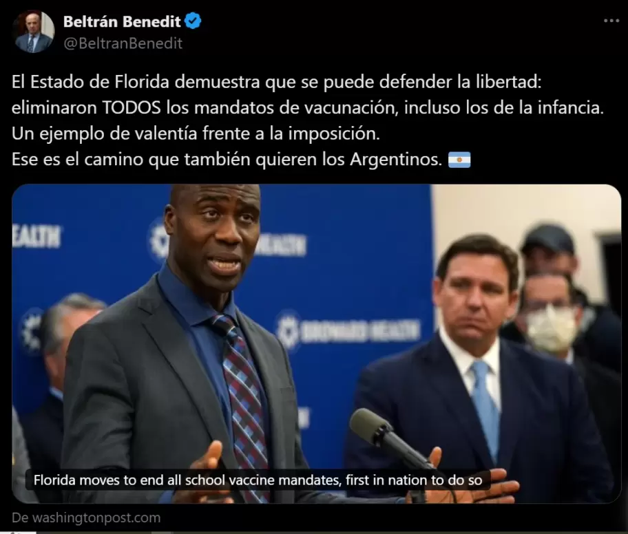 El tuit anti vacunas del diputado nacional libertario Beltrn Benedit.