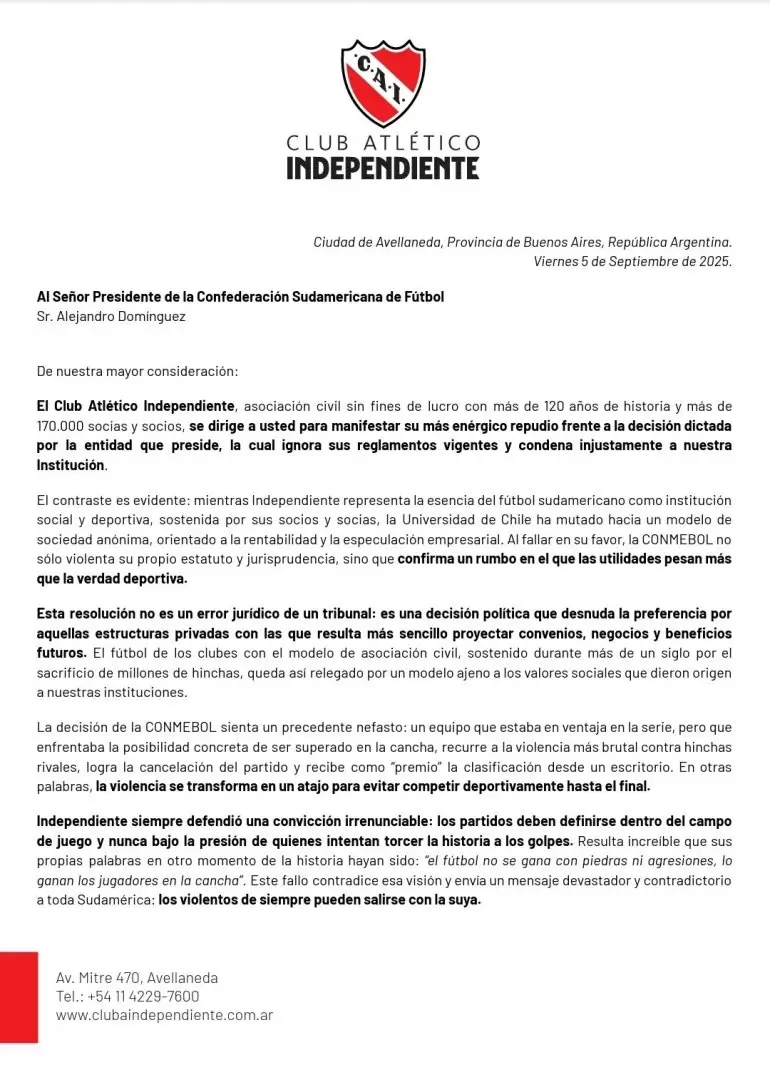 El comunicado de Independiente