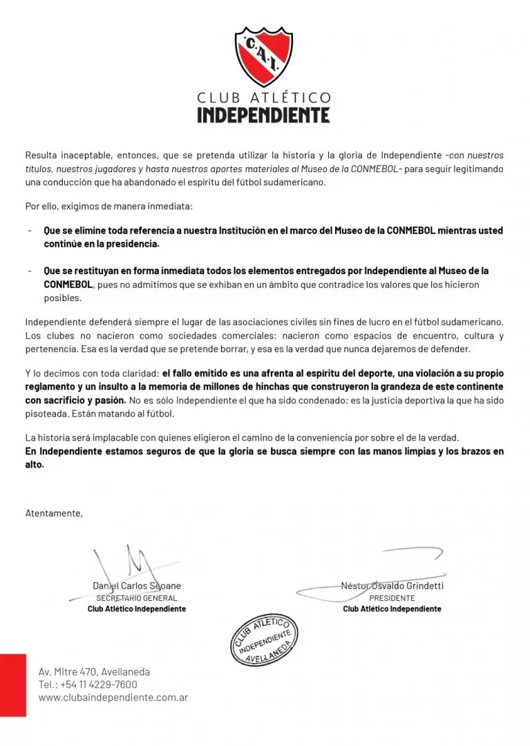 El comunicado de Independiente