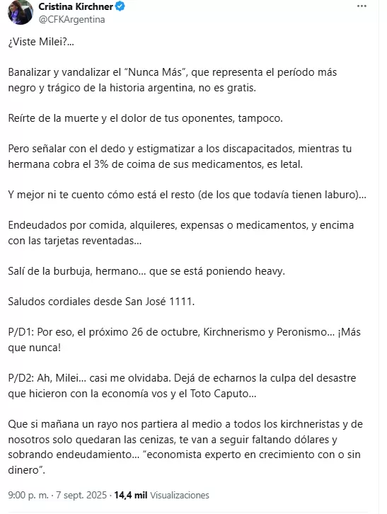 El tweet de Cristina Fernndez de Kirchner