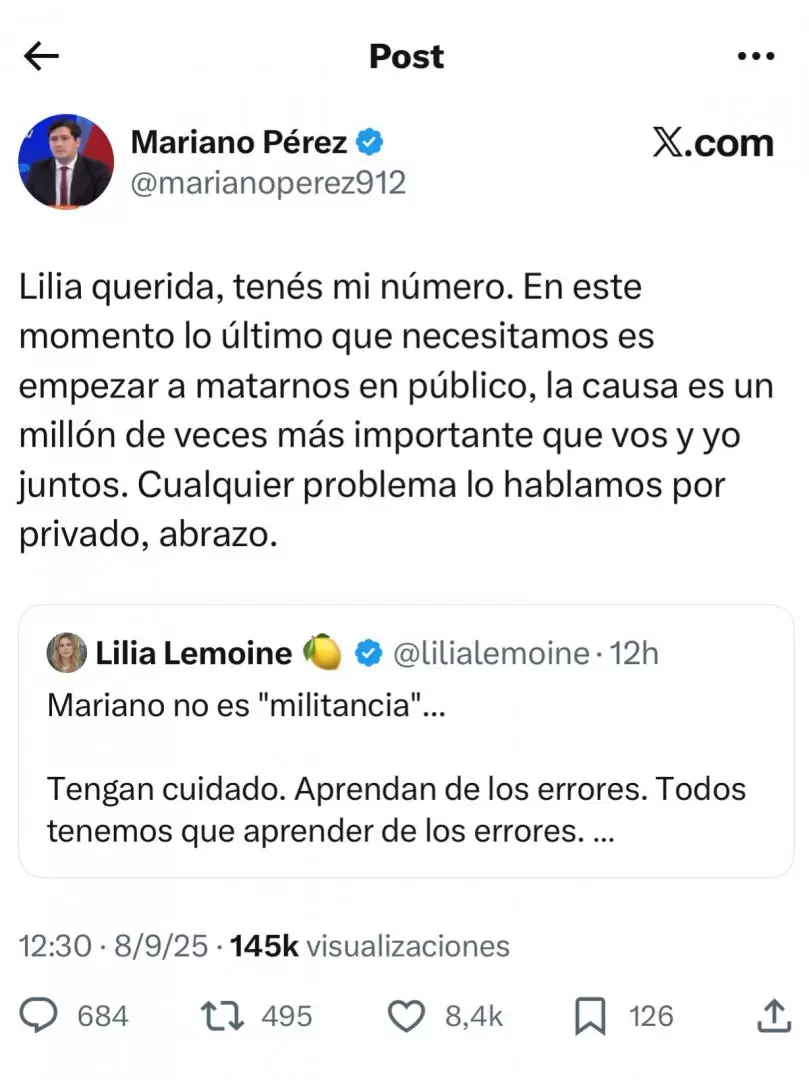 La respuesta final de Mariano Prez a Lilia Lemoine