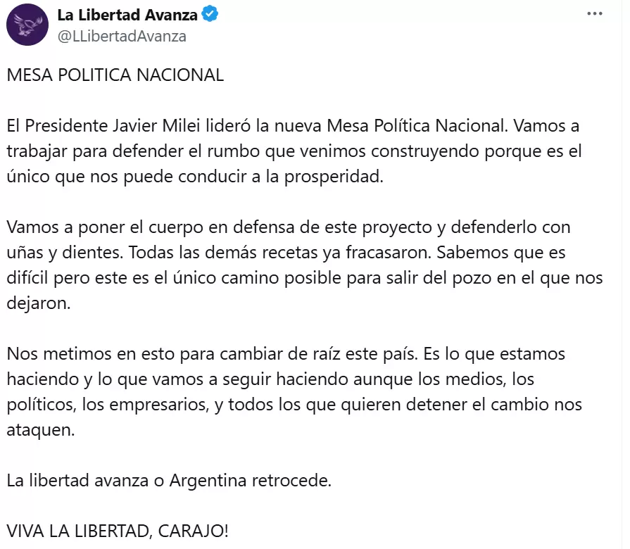El comunicado completo de La Libertad Avanza