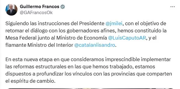 La creacin de una "Mesa Federal" junto a Luis Caputo y Guillermo Francos