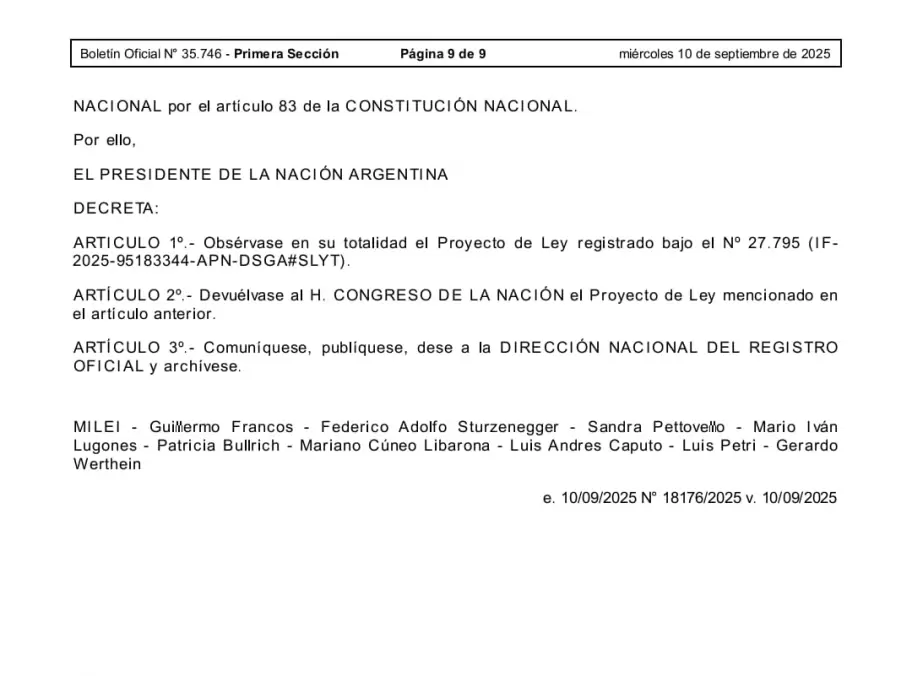 El Gobierno de Javier Milei decidi vetar en su totalidad el Proyecto de Ley N 27.795