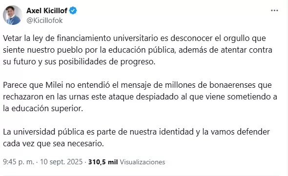 El posteo de Kicillof contra el veto de Javier Milei