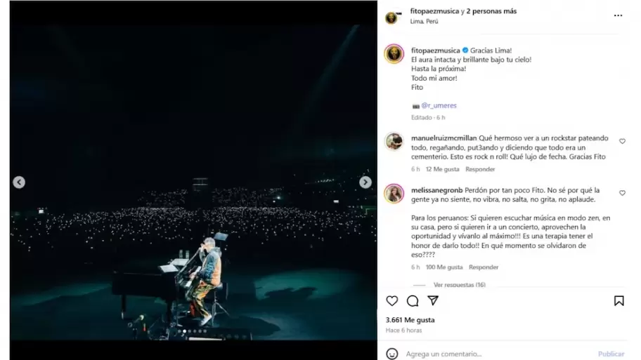 La publicacin de Fito Pez tras su show en Lima.