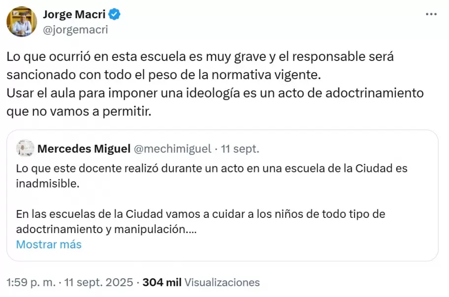 Jorge Macri tambin critic al docente Federico Puy por sacar una bandera palestina en un acto y lo defini como "un acto de adoctrinamiento".
