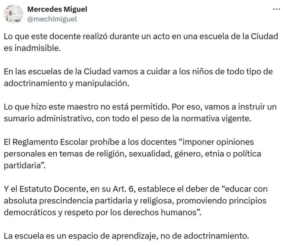 La ministra de Educacin portea, Mercedes Miguel, asegur que sancionarn al docente Federico Puy por sacar una bandera palestina en su colegio.