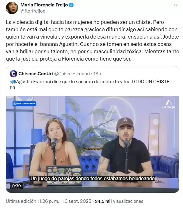 Florencia Freijo fulmin a Agustn Franzoni