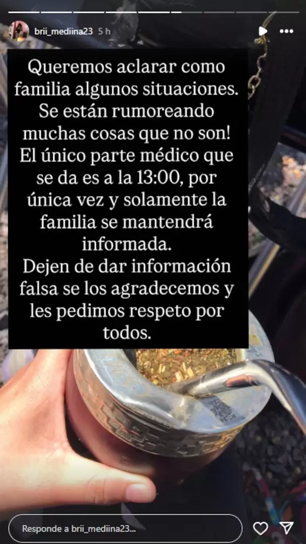 Brisa Medina, hermana de Thiago Agustn, pidi paciencia y que no crean en informacin fuera de los partes oficiales.